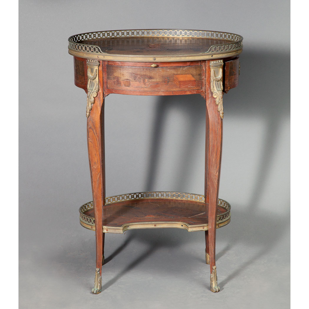 Appraisal: Transitional Louis XV XVI Style Gilt-Bronze Mounted Marquetry Inlaid Walnut