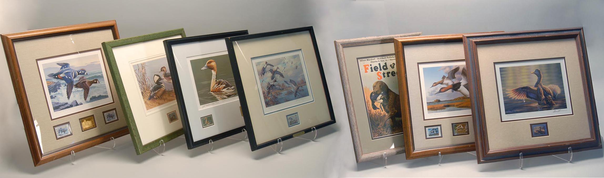 Appraisal: SEVEN WATERFOWL-RELATED FRAMED PRINTS five modern duck stamp prints one