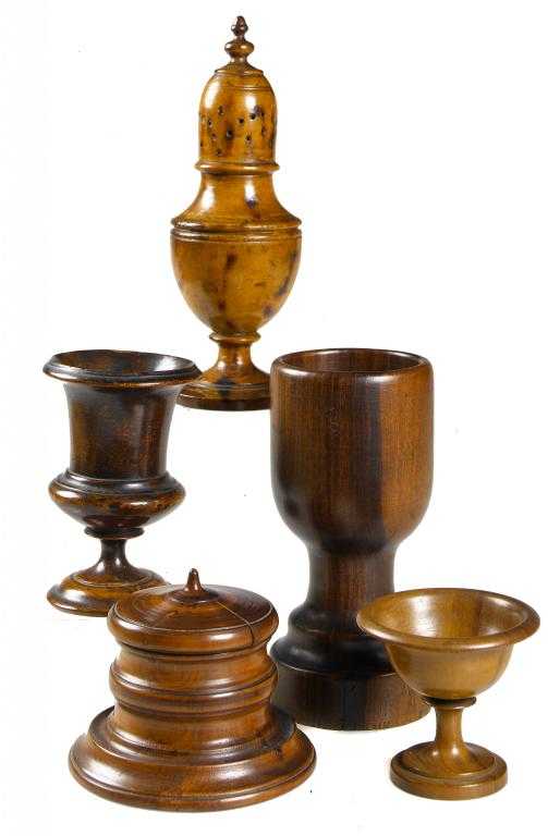 Appraisal: FIVE TURNED TREEN OBJECTS comprising a ornamental boxwood wide based