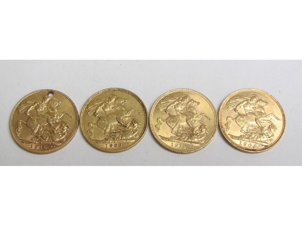 Appraisal: Lot comprising three Edward VII head sovereigns dated one pierced