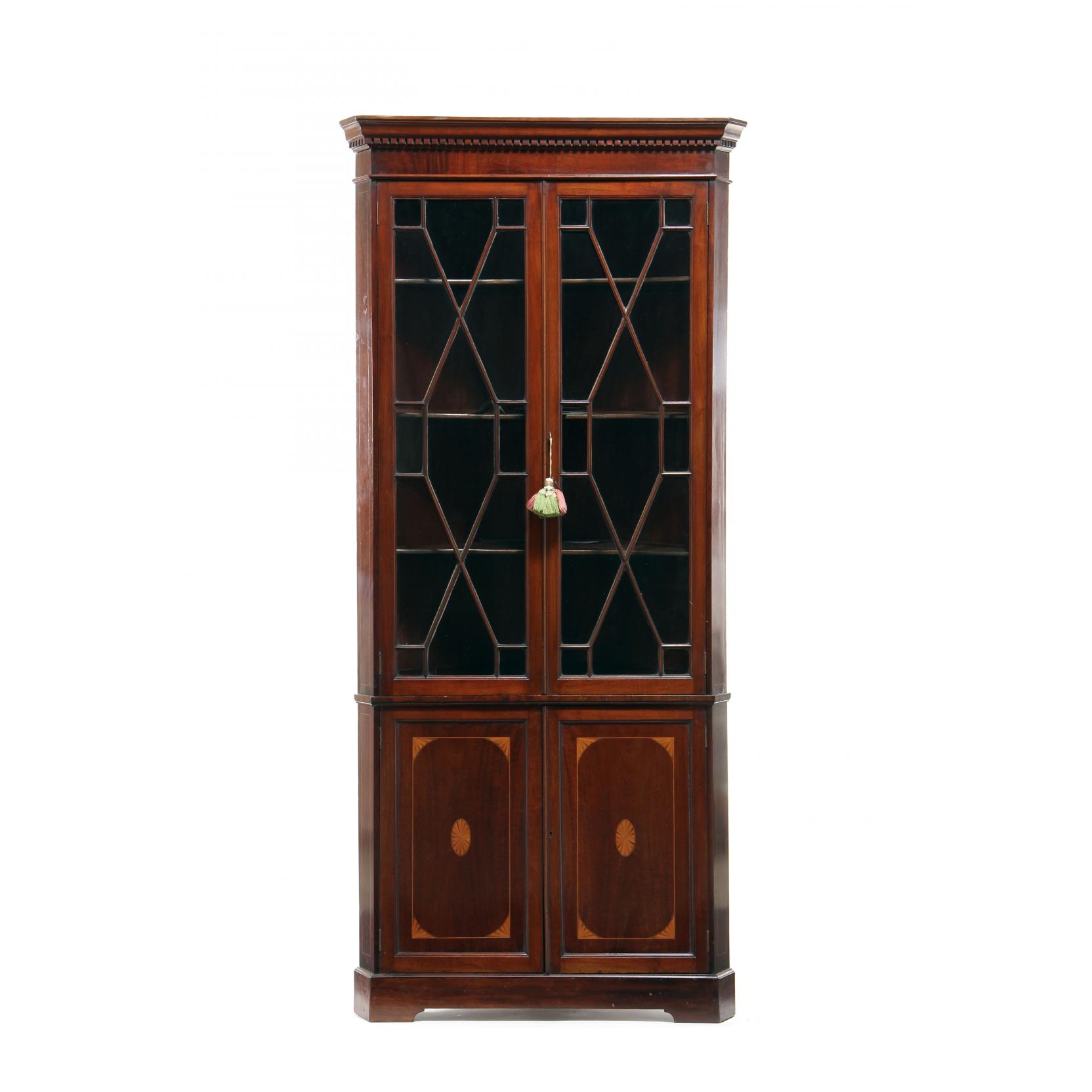 Appraisal: Edwardian Inlaid Diminutive Corner Cupboard circa mahogany mahogany veneer one