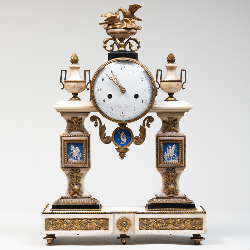 Appraisal: LOUIS XVI STYLE ORMOLU-MOUNTED MARBLE MANTEL CLOCK INSET WITH PORCELAIN