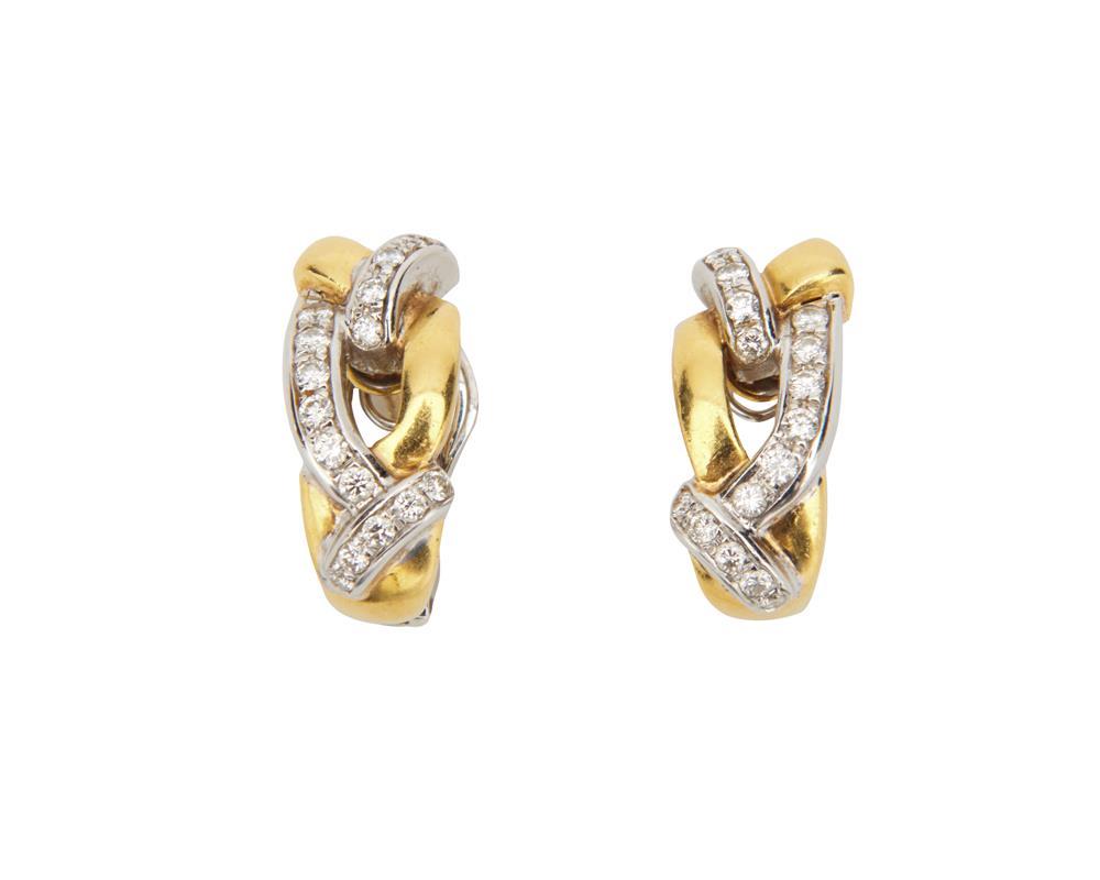 Appraisal: K Gold and Diamond Earrings of braided design inset with