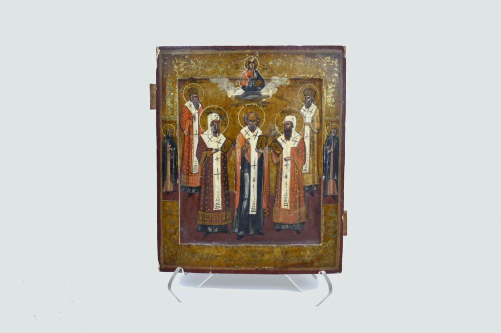 Appraisal: RUSSIAN PAINTED AND PARCEL GILT ICON OF SAINTS th Century