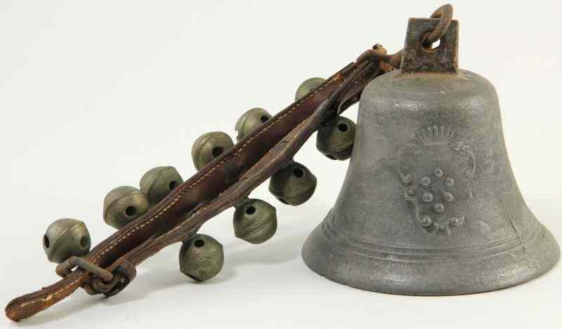 Appraisal: Antique Spanish Bronze Bellsincluding leather strap with eleven bells x