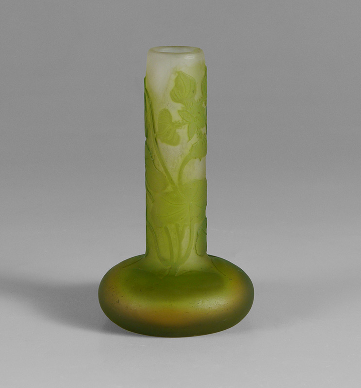 Appraisal: MINIATURE GALLE CAMEO GLASS STICK VASE Green cameo cut signed