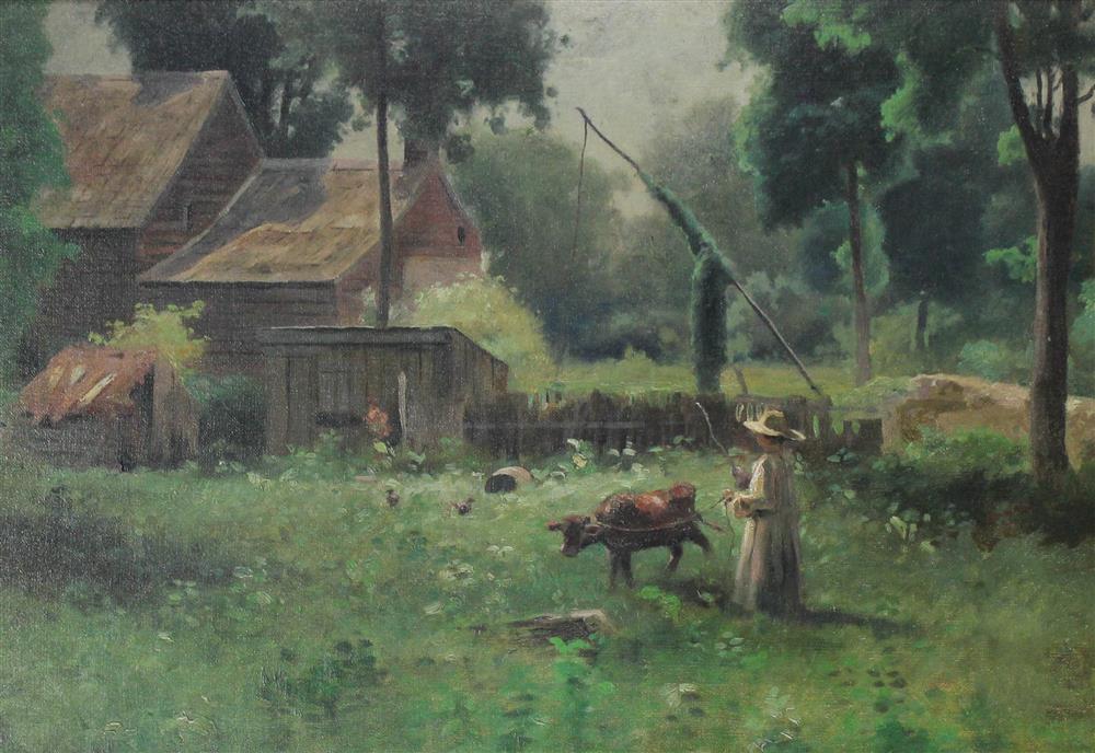 Appraisal: AMERICAN SCHOOL TH TH CENTURY FARM SCENE Oil on canvas