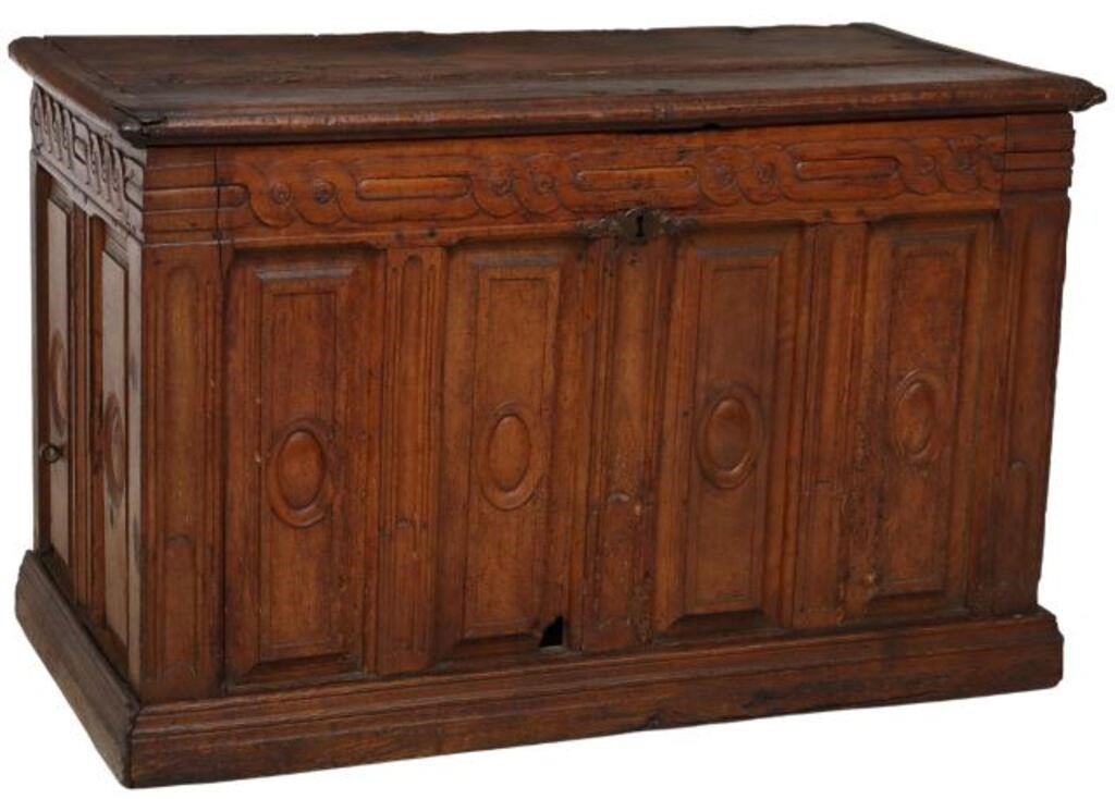 Appraisal: ITALIAN CARVED WALNUT CASSONE COFFER TH C Italian carved walnut