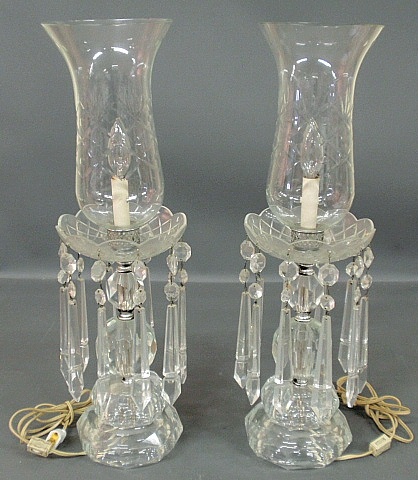 Appraisal: - Pair of cut glass mantel lamps with drop prisms