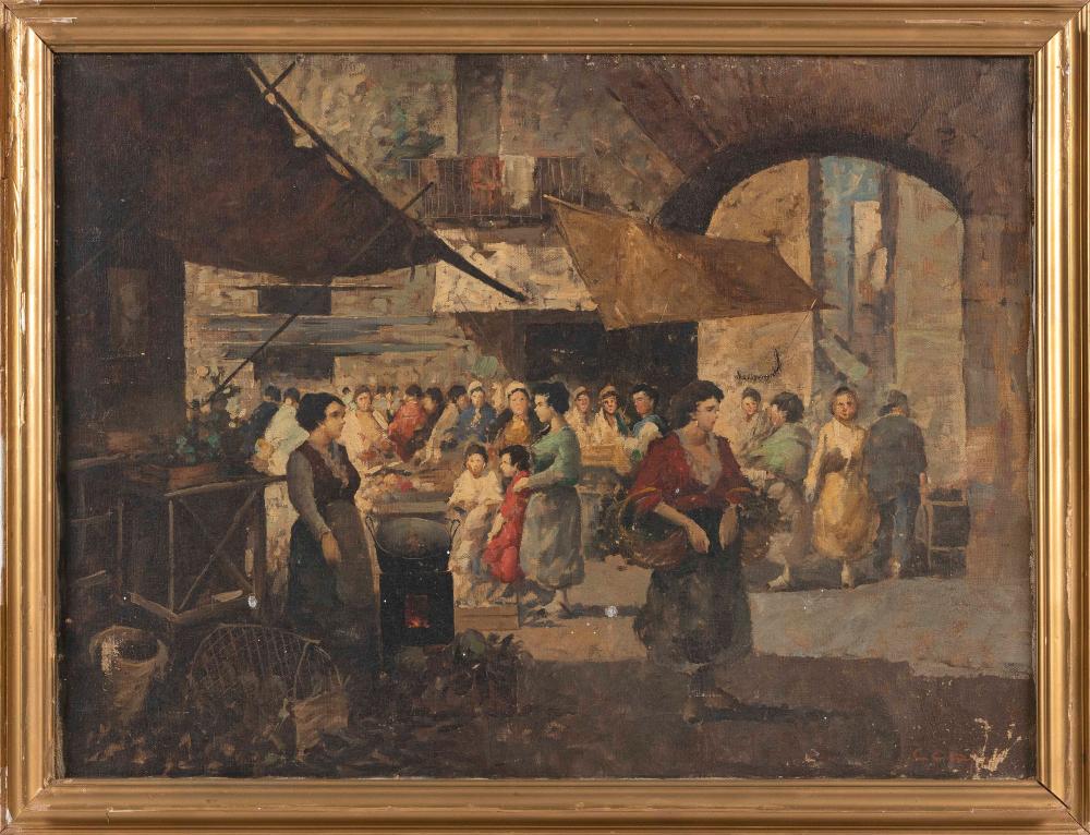 Appraisal: CONTINENTAL SCHOOL EARLY TH CENTURY MARKET SCENE OIL ON CANVAS