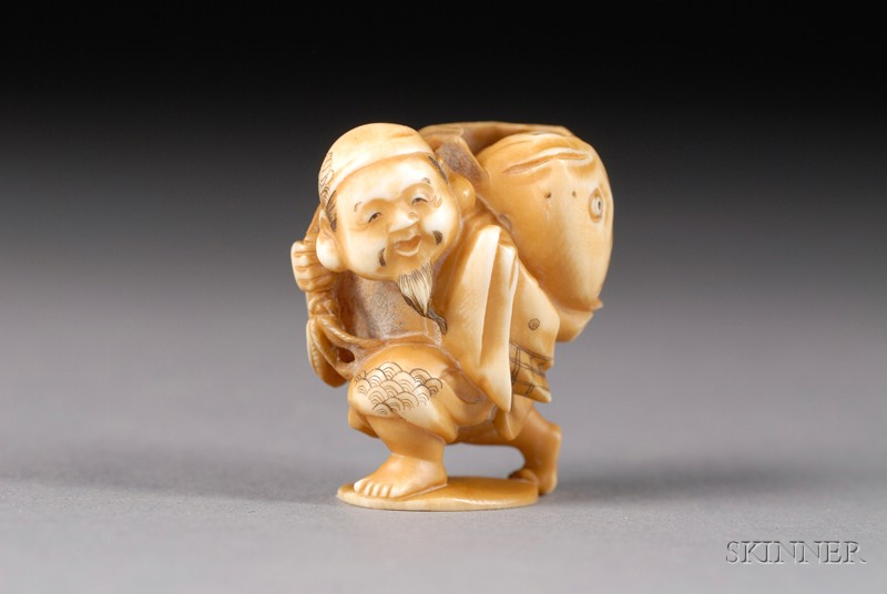 Appraisal: Ivory Netsuke th century carving of Ebisu with his fish