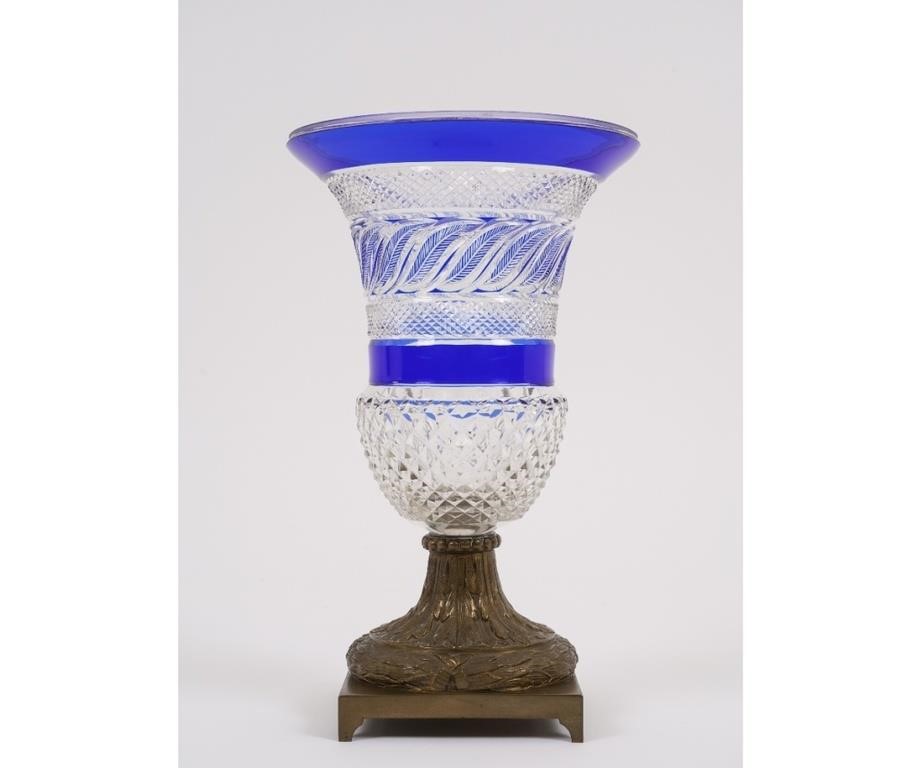 Appraisal: Blue cut to clear crystal vase with bronze base h