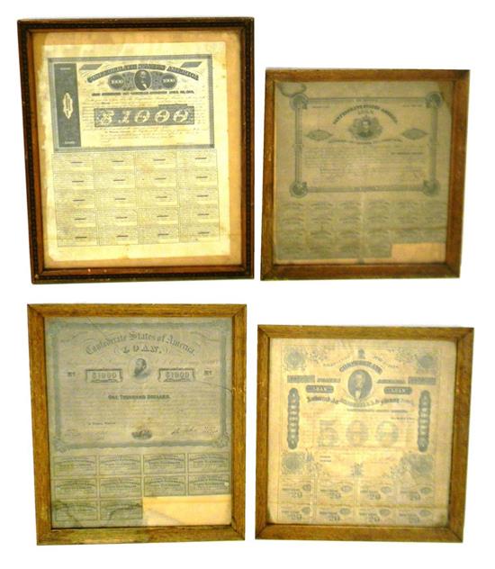 Appraisal: EPHEMERA Confederate States of America loan coupons framed behind glass