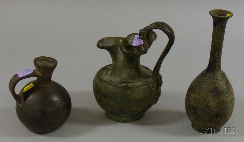 Appraisal: Two Patinated Bronze Vessels and a Black Glazed Pottery Vessel