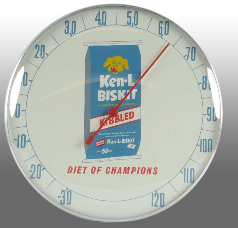 Appraisal: Ken-L-Biskit Dog Food Round Thermometer Description Marked Diet of Champions