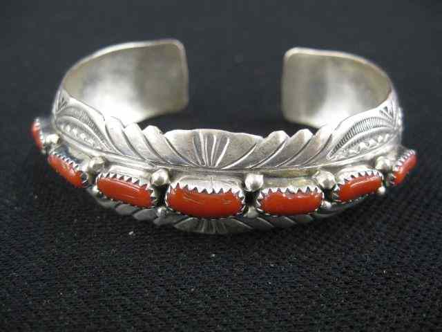 Appraisal: Indian Coral Sterling Silver Bracelet ruff style signed W B