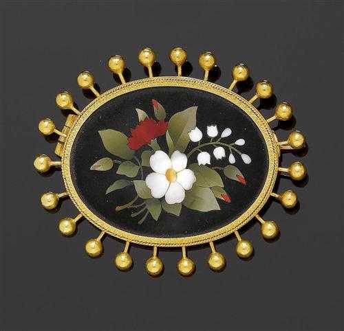 Appraisal: TWO PIETRADURA GOLD BROOCHES ca Yellow gold Attractive decorative mosaic