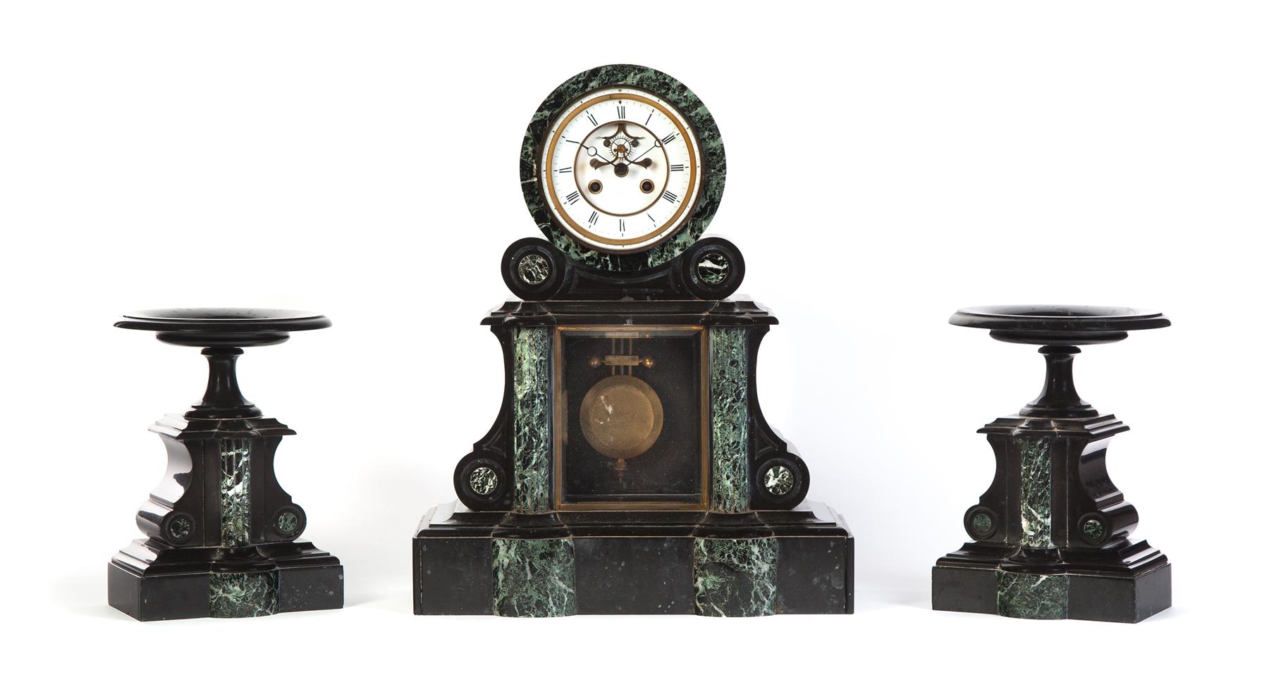 Appraisal: MONUMENTAL THREE-PIECE MANTEL CLOCK GARNITURE SET France nd half- th