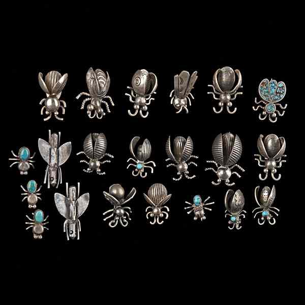 Appraisal: Swarm of Silver and Turquoise Insect Pins Collected by Virginia