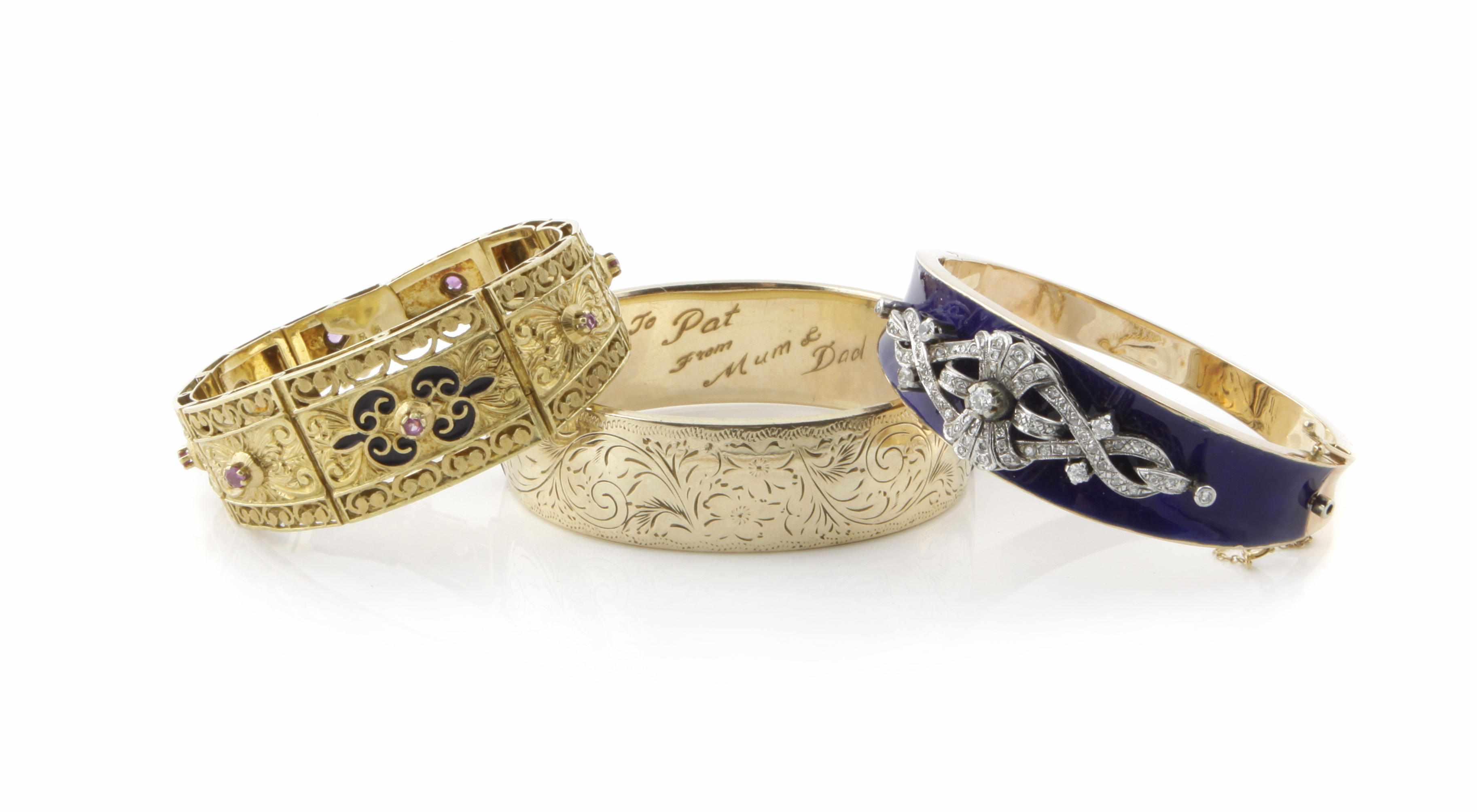 Appraisal: A group of four diamond gem-set enamel and gold bracelets