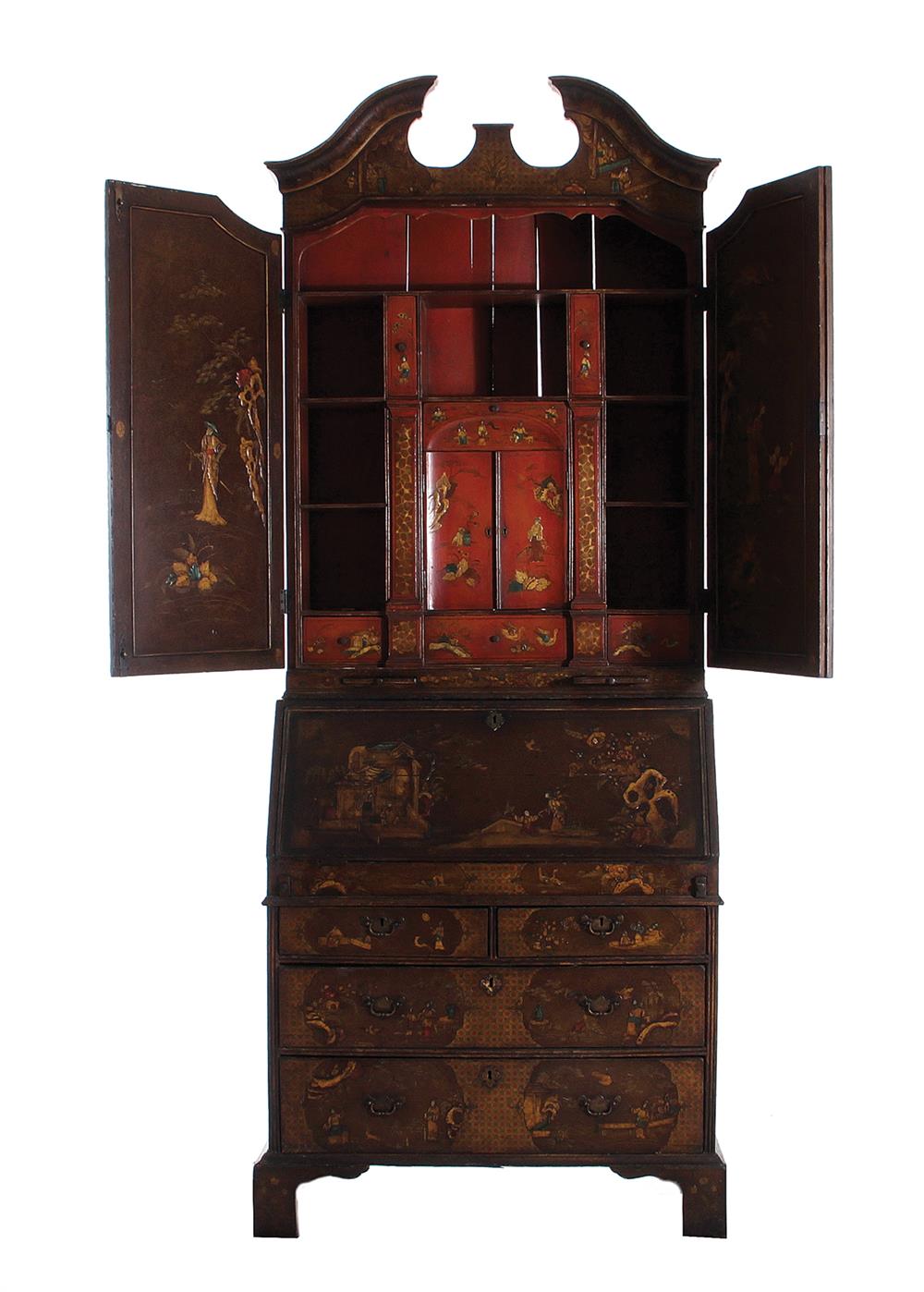 Appraisal: Queen Anne style chinoiserie-decorated secretary bookcase early th century molded