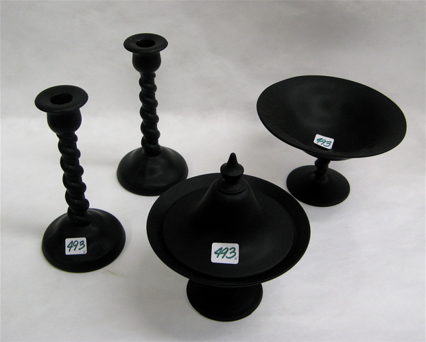 Appraisal: FIVE BLACK AND GREEN GLASS TABLE ACCESSORIES One is a