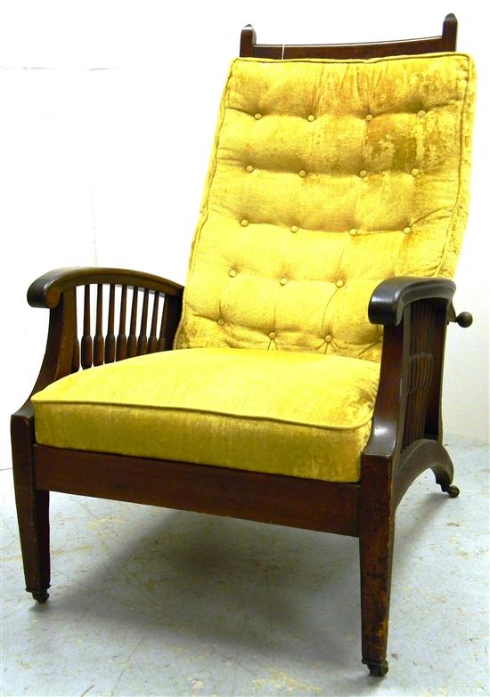 Appraisal: Morris reclining armchair turned spindles gold cushions '' h x