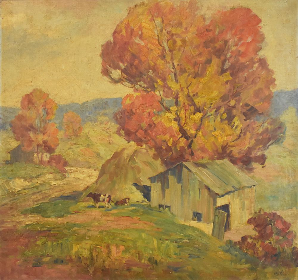 Appraisal: Jesse Hobby Autumnal Farm Scene Oil on Canvas Jesse Carl