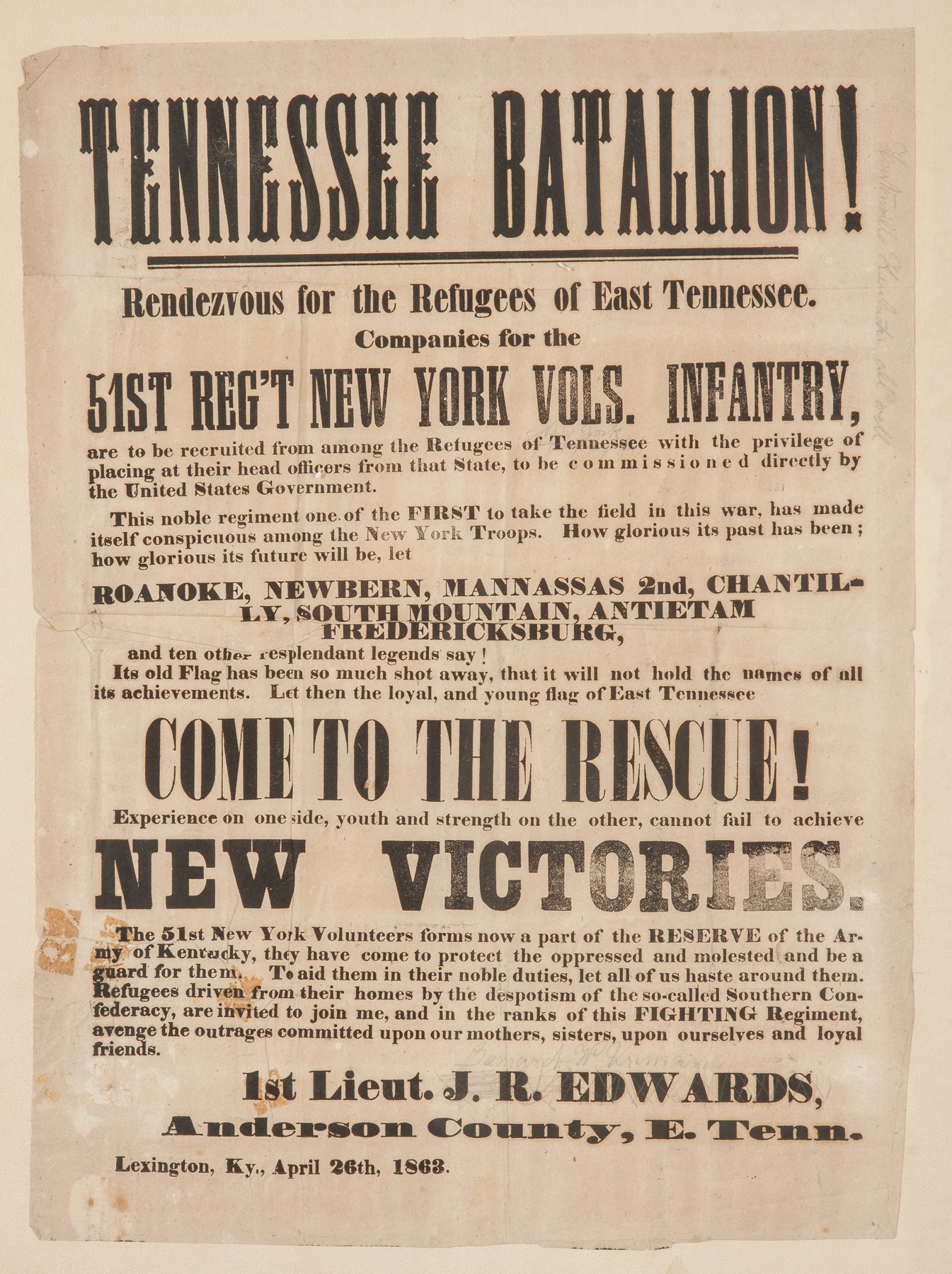 Appraisal: Tennessee Battalion Civil War Broadside Rendezvous for the Refugees of