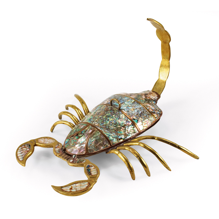 Appraisal: Mexican scorpion dish brass and copper with abalone-covered lid unmarked