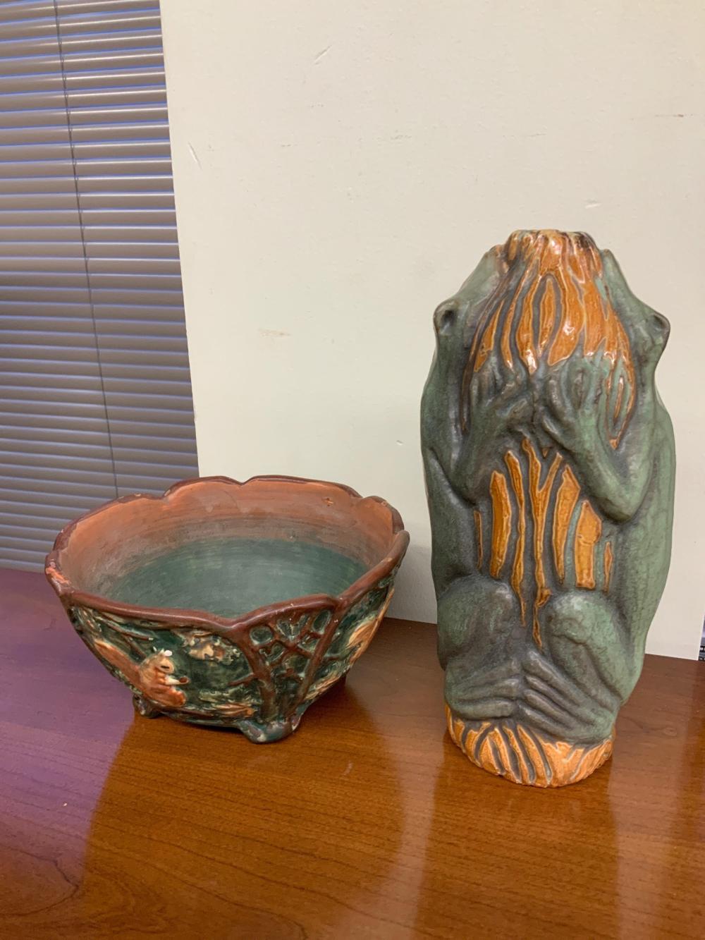 Appraisal: American Glazed Pottery Bowl and Figural Table Object H of