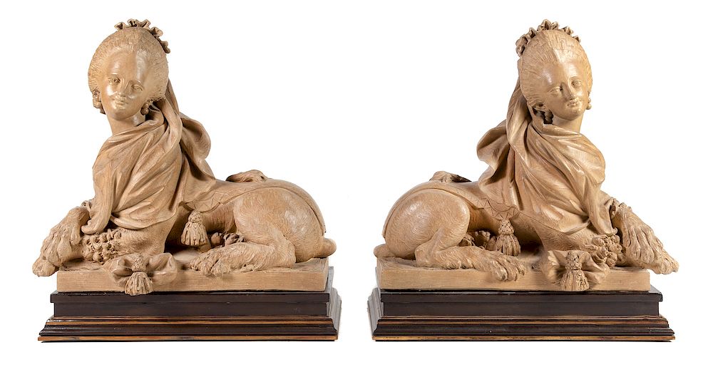 Appraisal: A Pair of French Terra Cotta Models of Sphinxes A