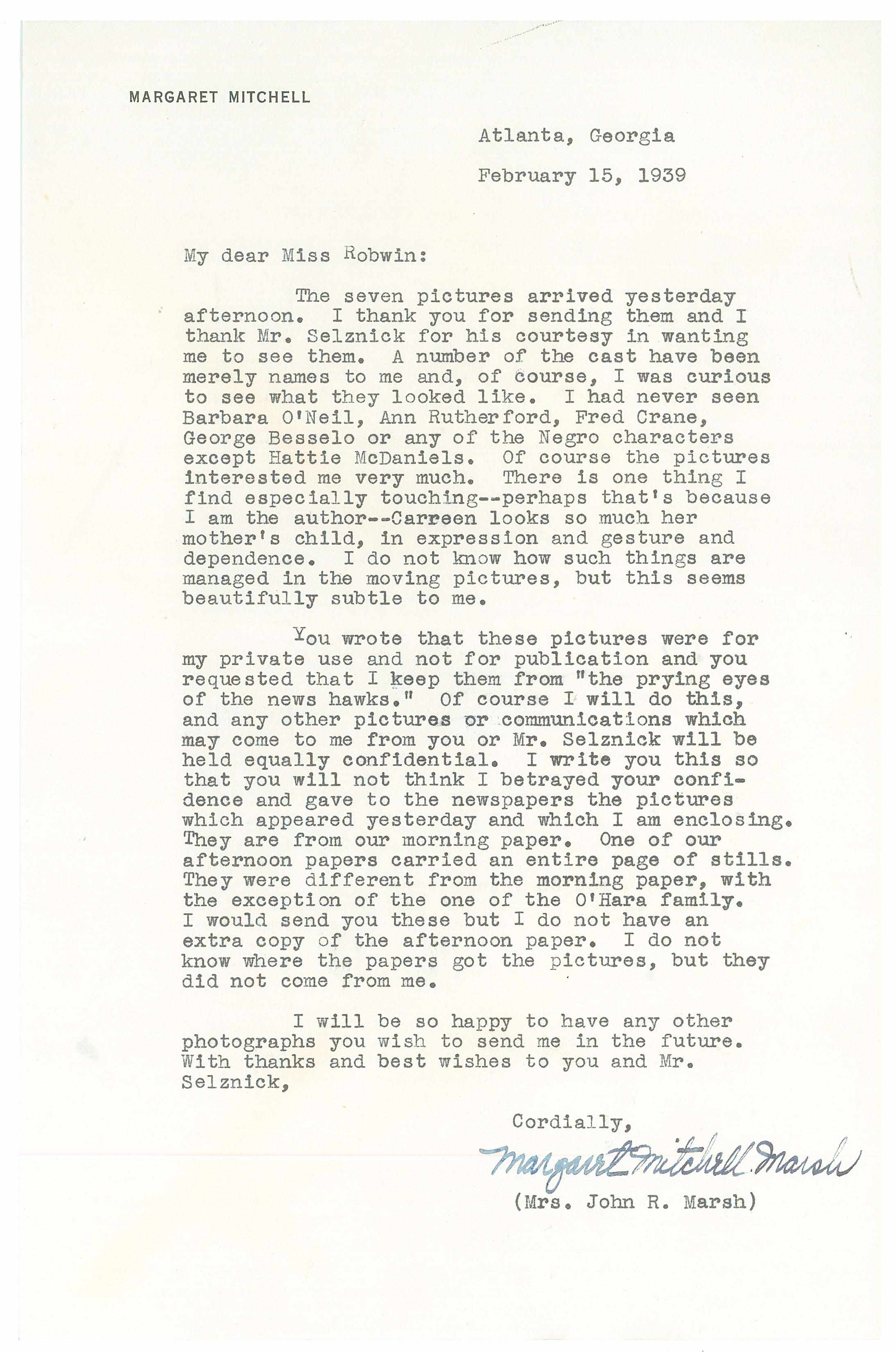 Appraisal: MITCHELL MARGARET Typed Letter Signed ''Margaret Mitchell Marsh'' p to