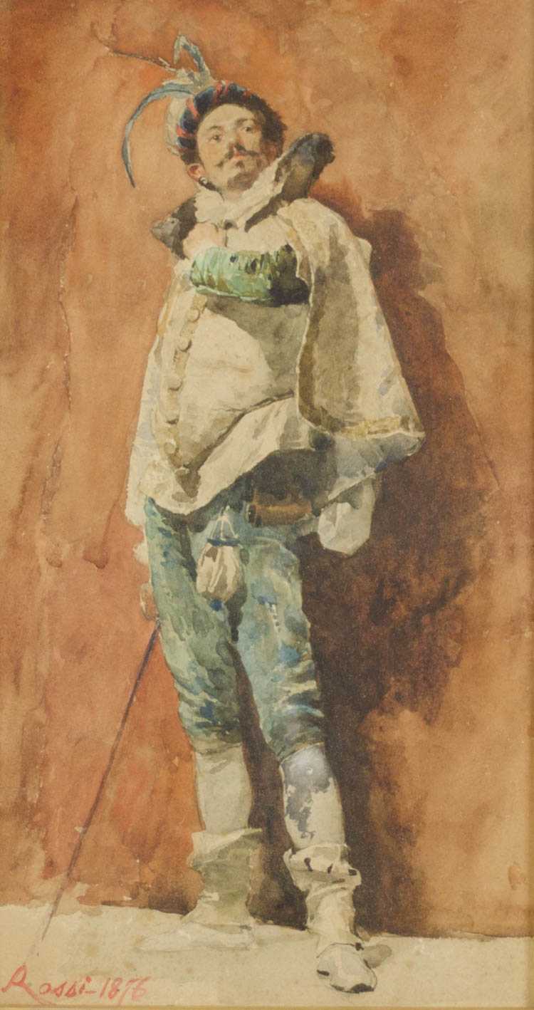 Appraisal: ROSSI WATERCOLOR ON PAPER Italian swordsman with rapier and feather