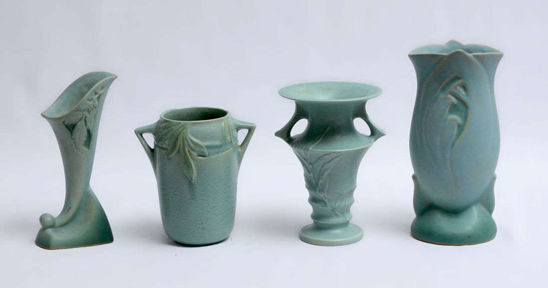 Appraisal: VELMOSS SILHOUETTE ROSEVILLE POTTERY VASES An assembled collection of pieces