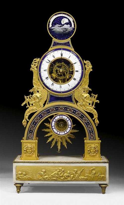 Appraisal: IMPORTANT SKELETON CLOCK PHASES DE LA LUNE Directoire the enamel