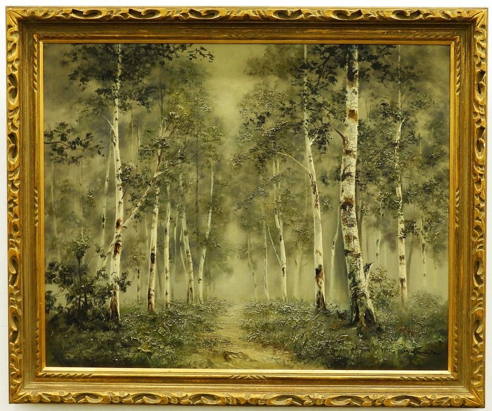 Appraisal: M Kinoshita Birch Forest Landscape Painting United States th Century