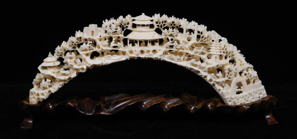 Appraisal: ASIAN Intricately carved ivory tusk on stand Chinese early mid