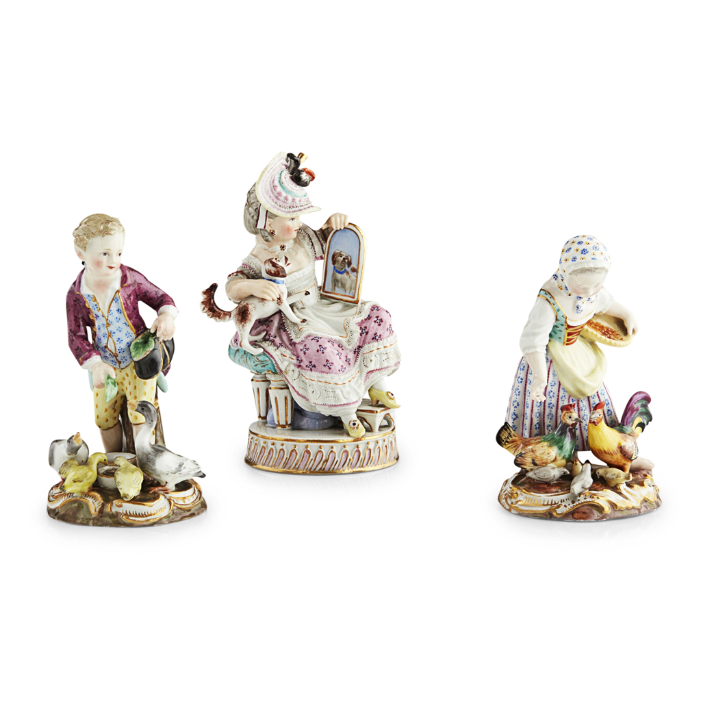 Appraisal: THREE MEISSEN PORCELAIN FIGURES LATE TH CENTURY with blue crossed