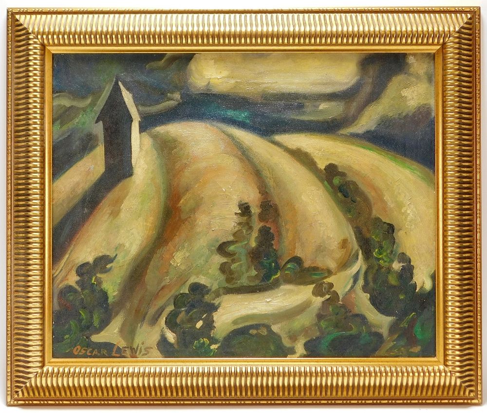 Appraisal: Oscar Lewis Surreal Nocturnal Landscape Painting Oscar Lewis United States