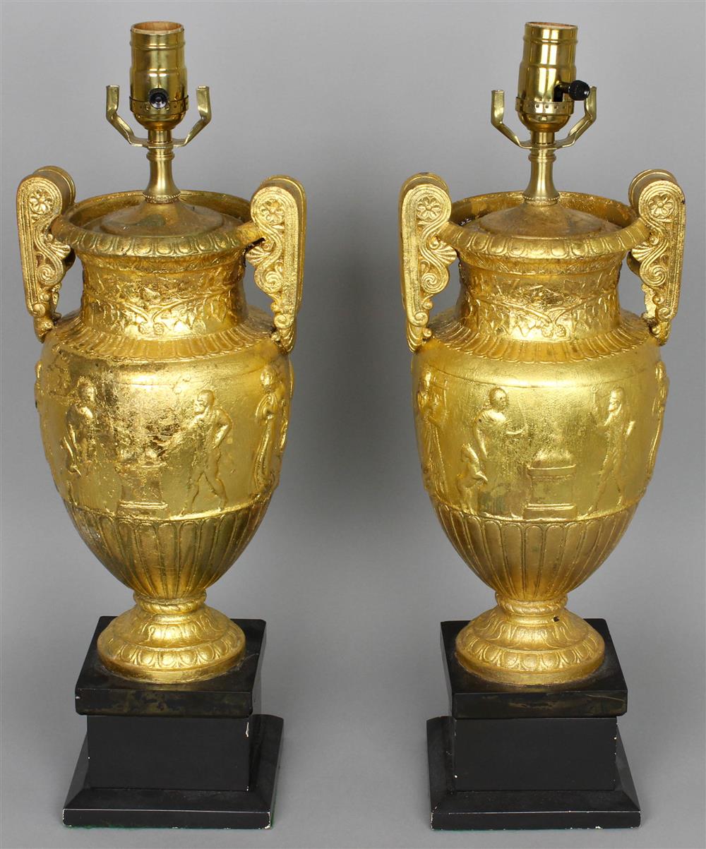 Appraisal: PAIR OF NEOCLASSICAL STYLE GOLD PAINTED METAL URN FORM TABLE