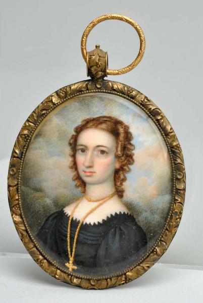 Appraisal: Hand-painted Ivory Portrait Miniature Framed in brass with hair receptacle