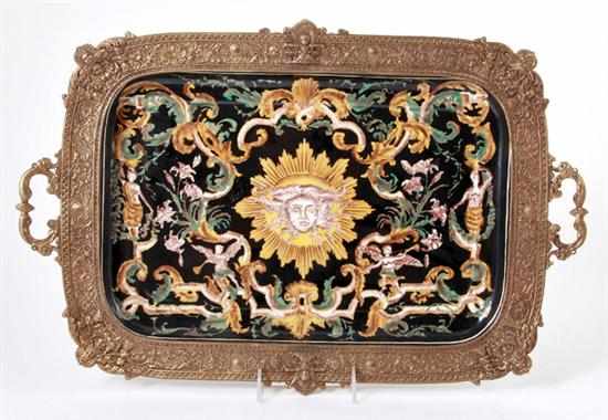 Appraisal: Ormolu-mounted porcelain serving tray rectangular platter decorated with female mask