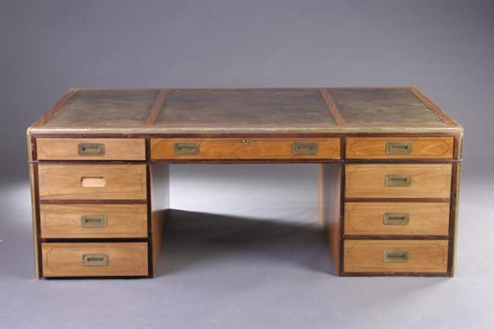 Appraisal: BAKER CAMPAIGN STYLE DOUBLE-PEDESTAL PARTNER'S DESK th century Baker Furniture