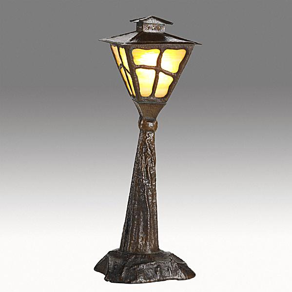 Appraisal: CHARLES EATON Attr Hammered copper and slag glass lamp post