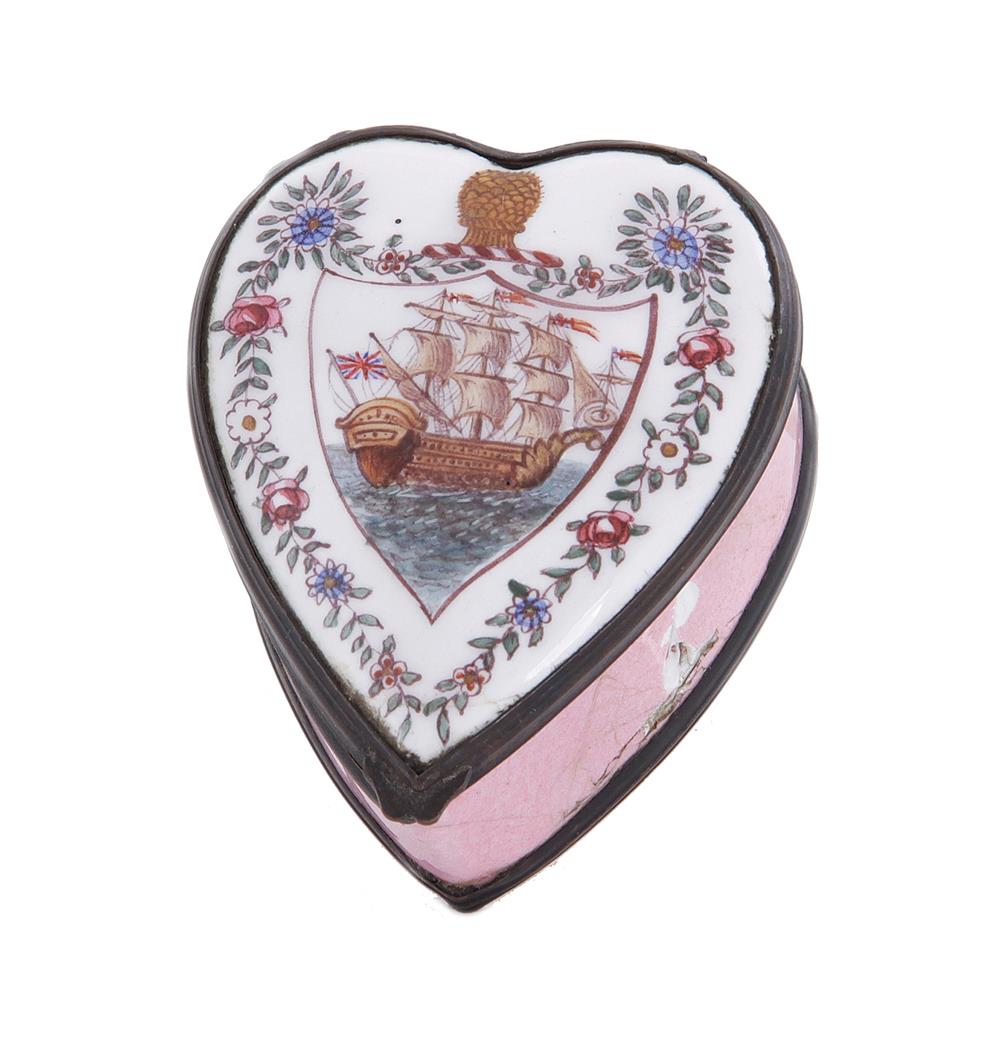 Appraisal: Battersea enamelware heart-form box th th century H W D