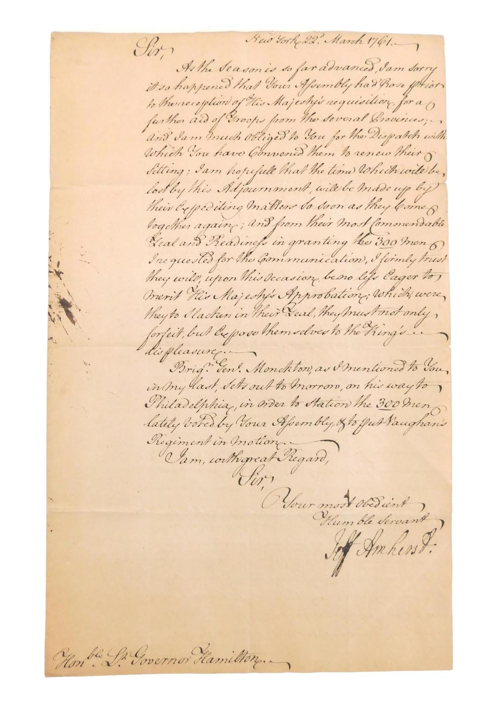 Appraisal: Amherst Jeffrey Document probably secretarial signed by Amherst to Hon