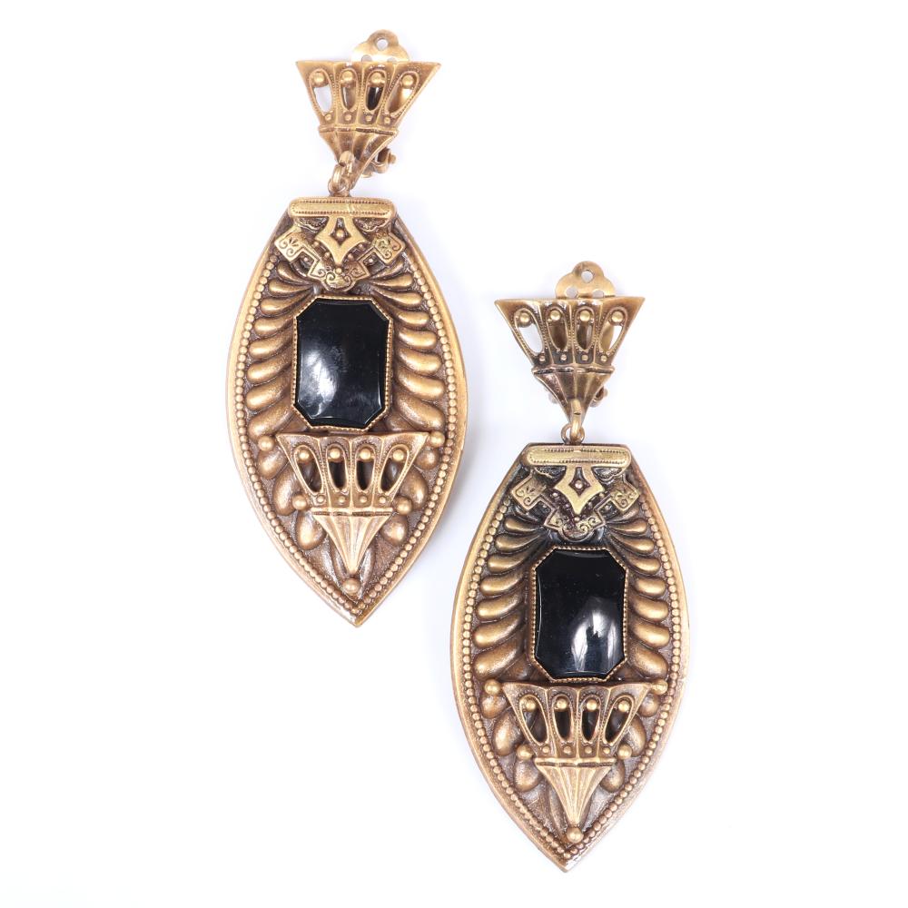 Appraisal: JOSEFF OF HOLLYWOOD EGYPTIAN REVIVAL BRASS EARRINGS WITH LARGE CENTRAL