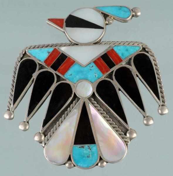 Appraisal: Native American Indian Silver Phoenix Pin Description With coral onyx