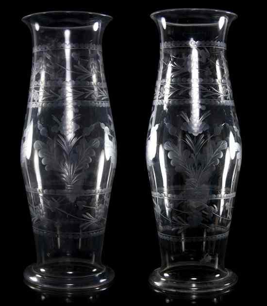 Appraisal: A Pair of English Etched Blown Glass Hurricane Shades mid